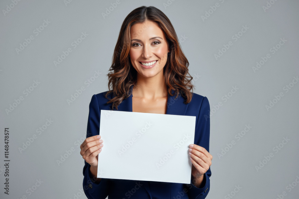 An advertisement studio template portrait photo of a person: a smiling businesswoman in a blue suit holding a blank sign against a grey background. An advertisement studio template portrait photo of a person: a smiling businesswoman in a blue suit holding a blank sign against a grey background.