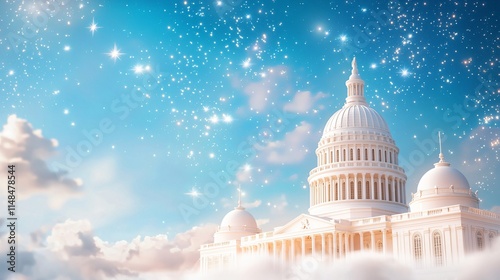 Majestic building under a starry sky, evoking a dreamy atmosphere.