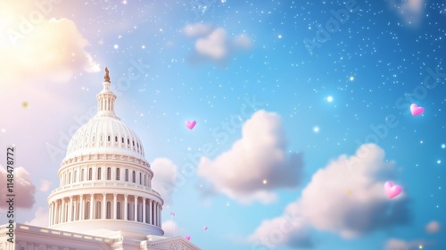 Capitol building under a bright sky with fluffy clouds and a touch of surrealism.