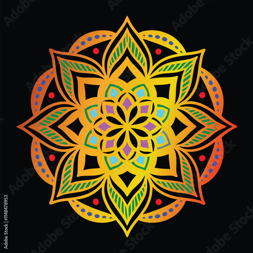 A simple mandala illustration vector design with a black background.eps