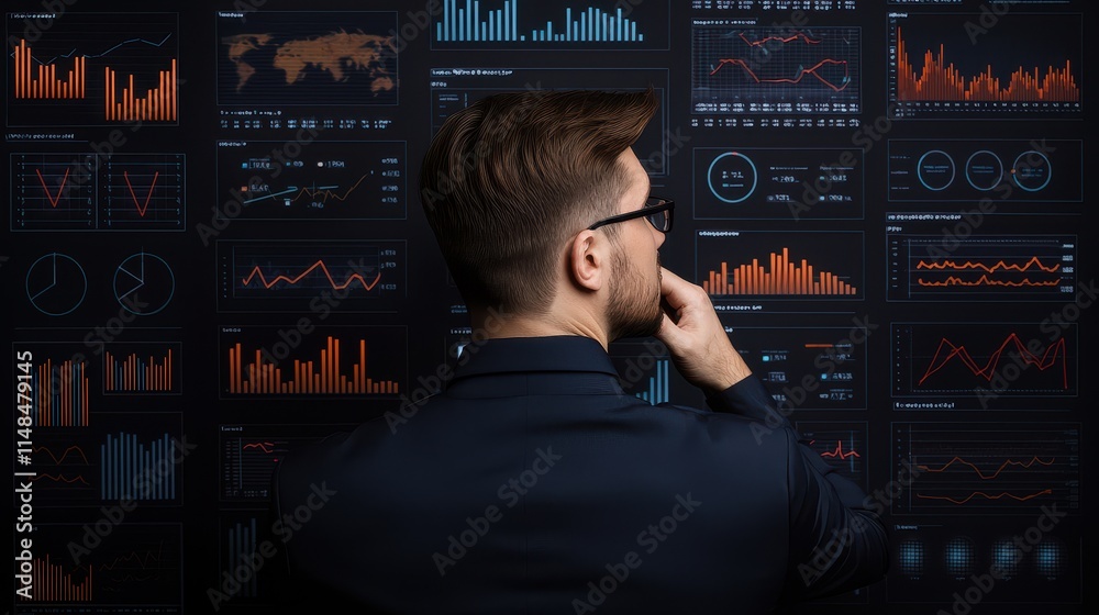 Figure it out Concept, Professional Individual Analyzing Various Charts and Data on a Wall in a Modern Business Environment Figure it out Concept, Professional Individual Analyzing Various Charts and Data on a Wall in a Modern Business Environment