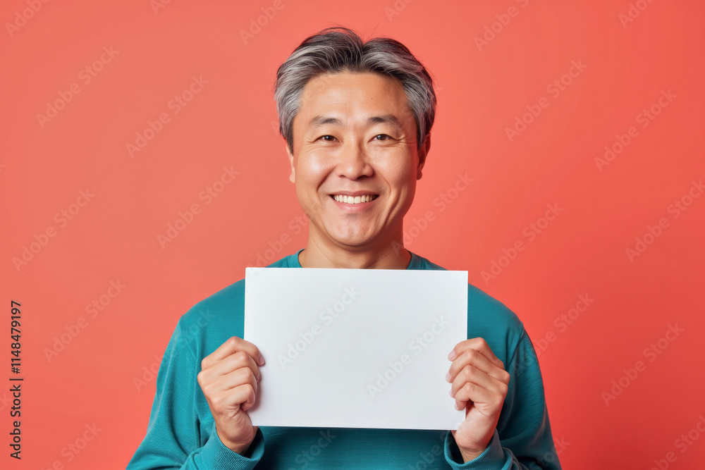 An advertisement studio template portrait photo of a person: an Asian man with a bright smile on his face, holding up a white sheet of paper against a vibrant red background. An advertisement studio template portrait photo of a person: an Asian man with a bright smile on his face, holding up a white sheet of paper against a vibrant red background.
