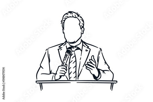 Politicians or businessmen giving speechs in front of the public, hand drawn line sketch vector illustration