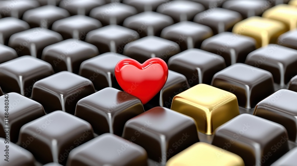 Fototapeta premium Lovely Red Heart Among Chocolate Squares on a Dark Background for Sweet Romance Theme