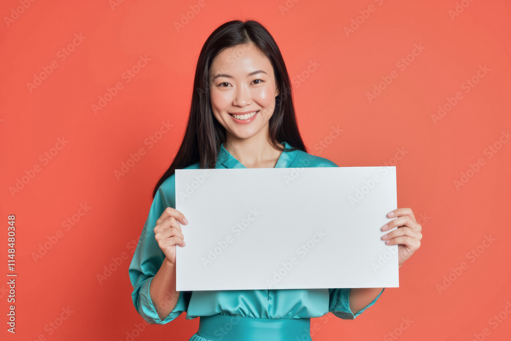 An advertisement studio template portrait photo of a person: an Asian woman with a bright smile on her face, holding a blank white board in her hands against an orange background. An advertisement studio template portrait photo of a person: an Asian woman with a bright smile on her face, holding a blank white board in her hands against an orange background.