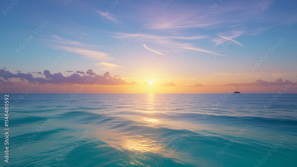 A Serene Sunrise Unfolds Over the Calm Turquoise Waters, Casting a Soft Golden Glow Across the Landscape A Serene Sunrise Unfolds Over the Calm Turquoise Waters, Casting a Soft Golden Glow Across the Landscape