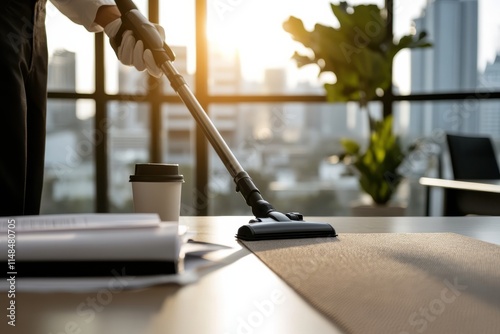 Wallpaper Mural A close-up view of vacuuming an office desk equipped with plants and a coffee cup, illustrating a blend of work-life balance and a commitment to cleanliness. Torontodigital.ca