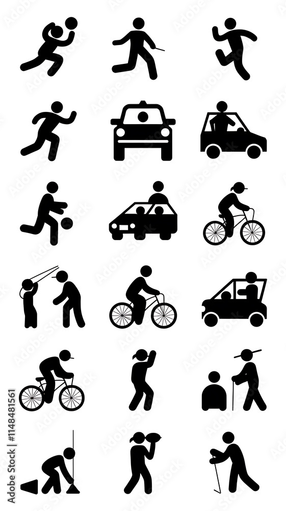 A set of 16 tiny black silhouette icons of people in various activities A set of 16 tiny black silhouette icons of people in various activities