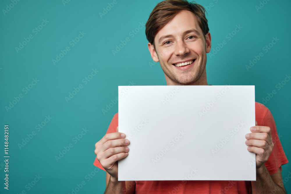 An advertisement studio template portrait photo of a person: a man with a bright smile on his face, holding up a blank white sign against a green background. An advertisement studio template portrait photo of a person: a man with a bright smile on his face, holding up a blank white sign against a green background.