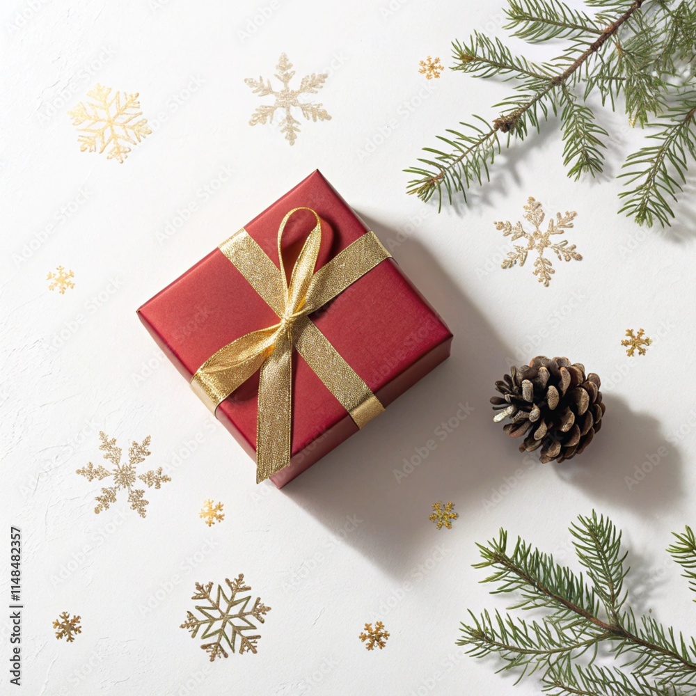 Minimalist Christmas Gift Box with Red Ribbon and Pinecone