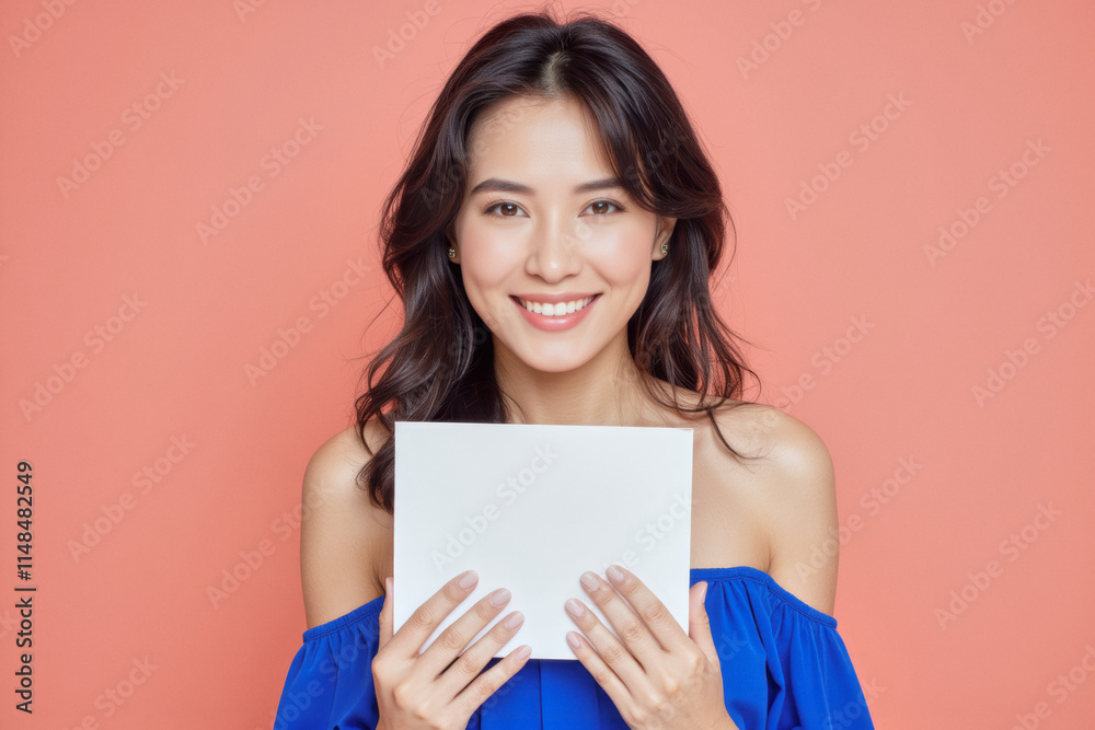 An advertisement studio template portrait photo of a person: a woman in a blue dress with a bright smile on her face, holding a white sheet of paper in her hands. An advertisement studio template portrait photo of a person: a woman in a blue dress with a bright smile on her face, holding a white sheet of paper in her hands.
