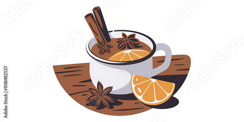 A nonalcoholic spiced cider with cinnamon sticks, star anise, and orange slices in a white mug