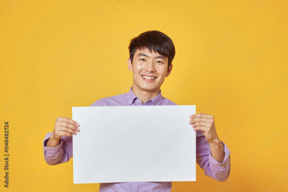 An advertisement studio template portrait photo of a person: a young Asian man with a bright smile on his face, holding up a blank white sign against a bright yellow background. An advertisement studio template portrait photo of a person: a young Asian man with a bright smile on his face, holding up a blank white sign against a bright yellow background.