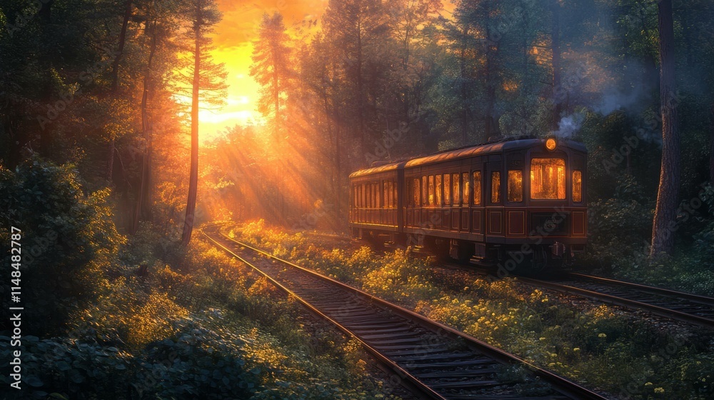 Fototapeta premium Train Traveling Through a Forest at Sunset.