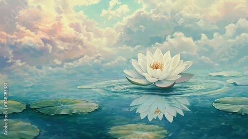 White Lotus Flower Floating on Soft Pastel Water.