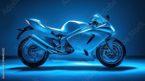 White Sport Motorcycle Illuminated by Blue Studio