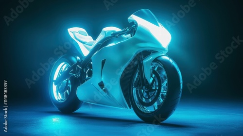 White Sport Motorcycle Illuminated by Blue Studio Background