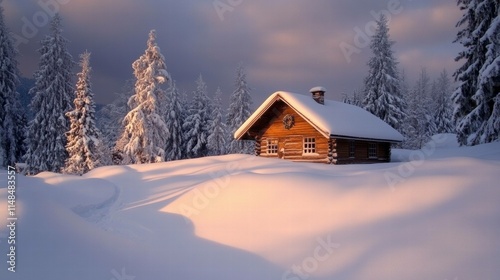 Winter Christmas Scene with Snow and Cabin