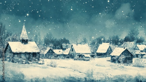Winter Village with Snow in Vintage Style