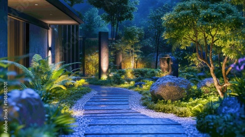 Zen Garden Walkway Illuminated at Night