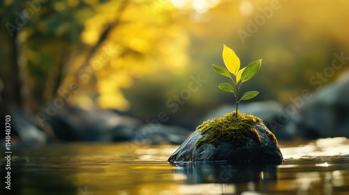 Young Plant Growing from Stone Near Water.