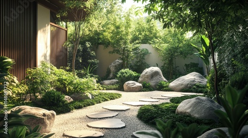 Zen Garden with Manicured Rocks and Lush Greenery.