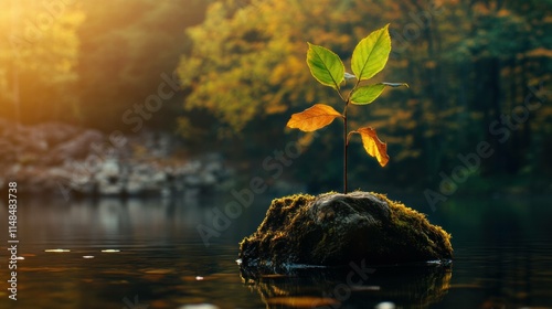 Young Plant Growing from Stone near Water