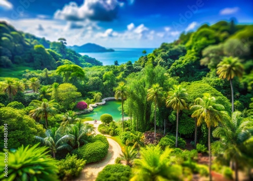 Yalong Bay Tropical Paradise Forest Park: Tilt-Shift Miniature Wonders, Stunning Aerial Views, Lush Rainforest Scenery, Exotic Plants, Vibrant Colors, Dreamy Escape photo