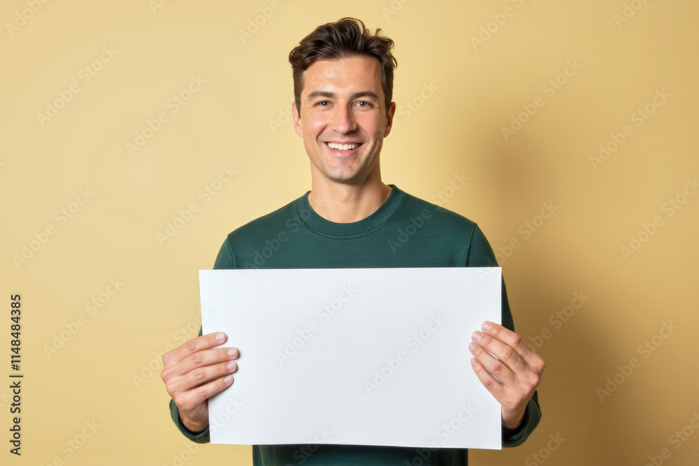 An advertisement studio template portrait photo of a person: a young man with a bright smile on his face, holding a blank white paper in his hands against a yellow background. An advertisement studio template portrait photo of a person: a young man with a bright smile on his face, holding a blank white paper in his hands against a yellow background.