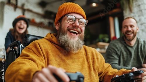 Exciting gaming moments shared among friends in a cozy café on a vibrant afternoon photo