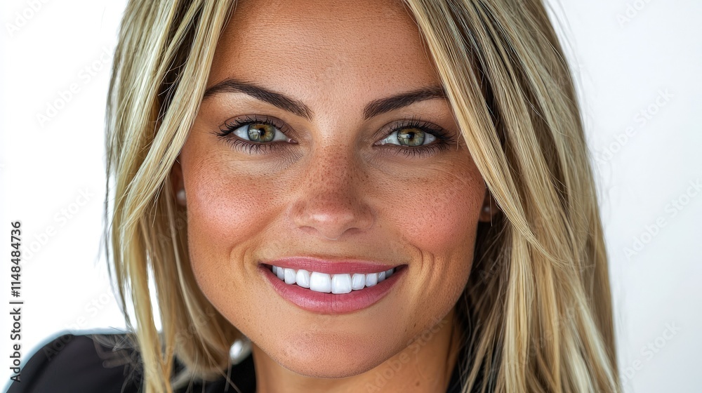 Close-up portrait of a smiling woman with blonde hair and green eyes.
