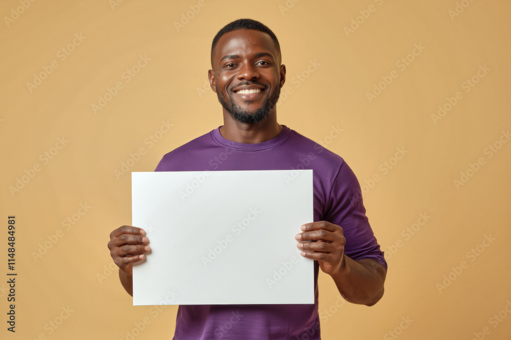 An advertisement studio template portrait photo of a person: a man wearing a purple t-shirt, smiling and holding a blank white sign in his hands against a beige background. An advertisement studio template portrait photo of a person: a man wearing a purple t-shirt, smiling and holding a blank white sign in his hands against a beige background.