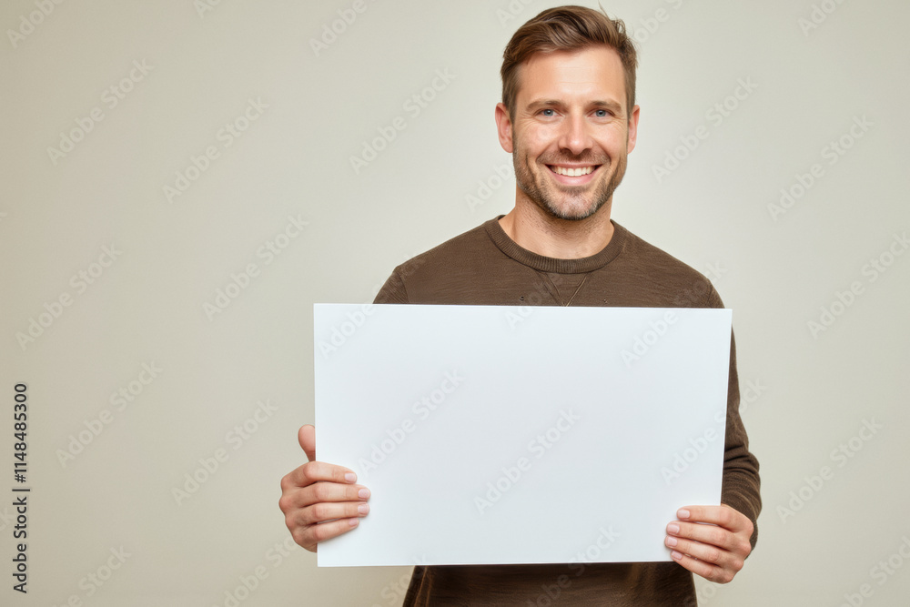 An advertisement studio template portrait photo of a person: a man with a bright smile on his face, holding a blank white sign in his hands. An advertisement studio template portrait photo of a person: a man with a bright smile on his face, holding a blank white sign in his hands.