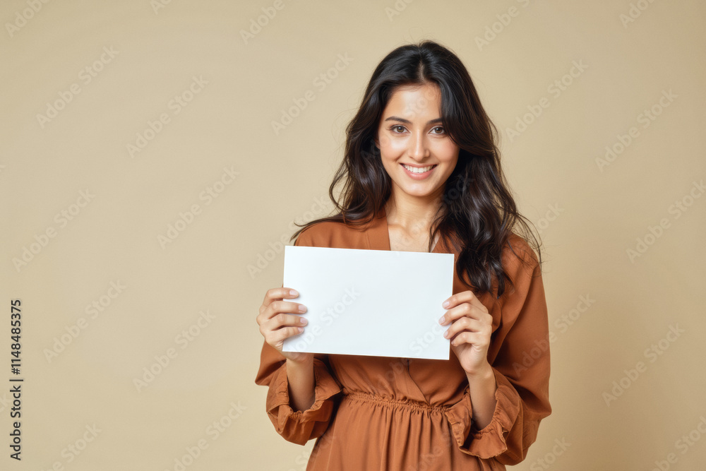 An advertisement studio template portrait photo of a person: a woman with a bright smile on her face, holding a blank white card in her hands against a beige background. An advertisement studio template portrait photo of a person: a woman with a bright smile on her face, holding a blank white card in her hands against a beige background.