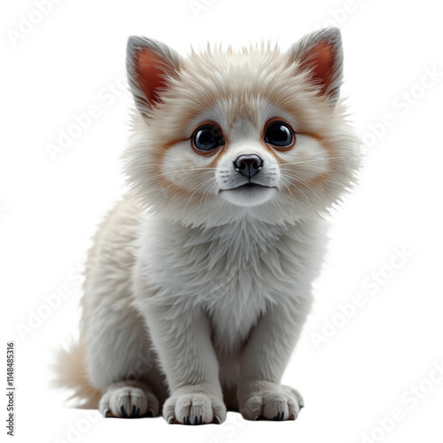 A cute fluffy white puppy with big eyes on a dark background photo