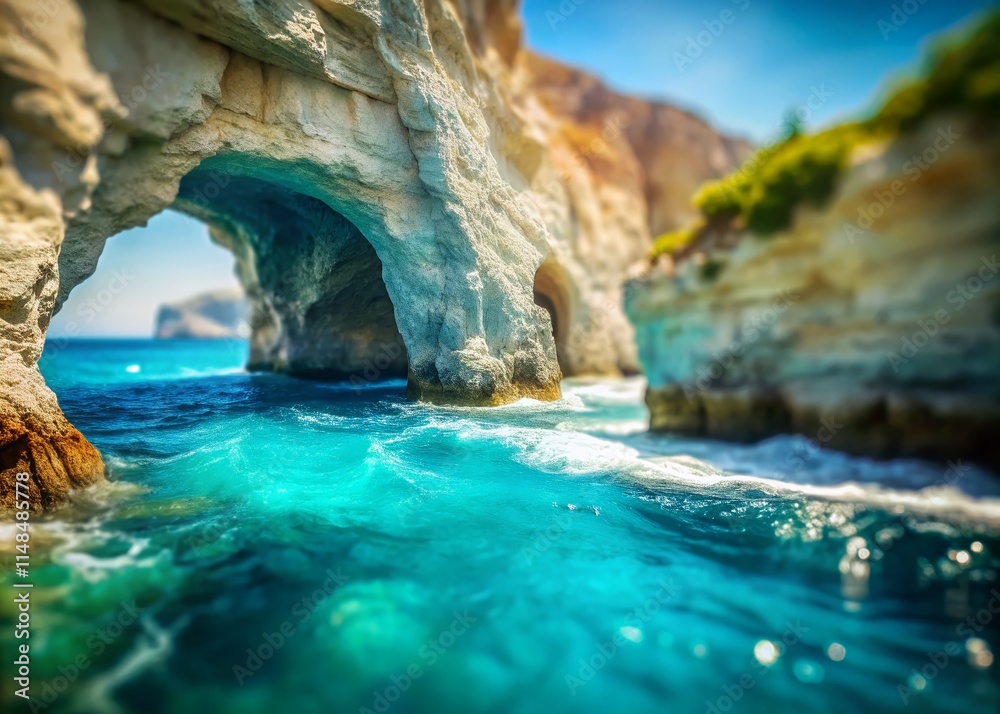 Naklejka premium Zakynthos Greece: Turquoise Sea Cave, White Rock Cliff, Tilt-Shift Photography, Island Paradise, Stunning Coastal View