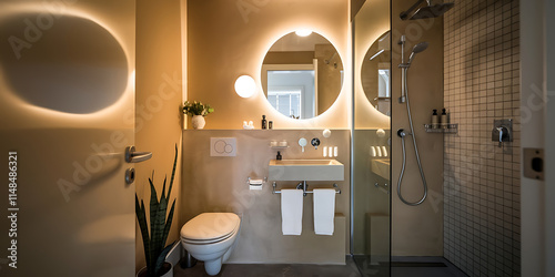  of a small bathroom with an efficient layout and warm lighting