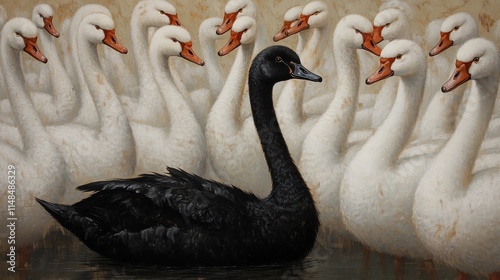 A striking image of a black swan swimming among a group of elegant white swans, showcasing contrast in nature.