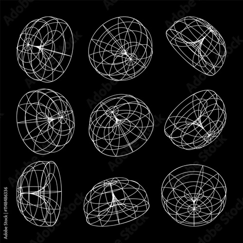 Wireframe lined shapes. Perspective mesh, 3d grid. Low poly geometric elements. Retro futuristic design elements, y2k, vaporwave and synthwave style. Vector illustration