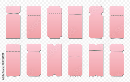 Paper pink coupon romantic love theme set. Valentine Day cinema ticket mockup collection. Blank form for discount