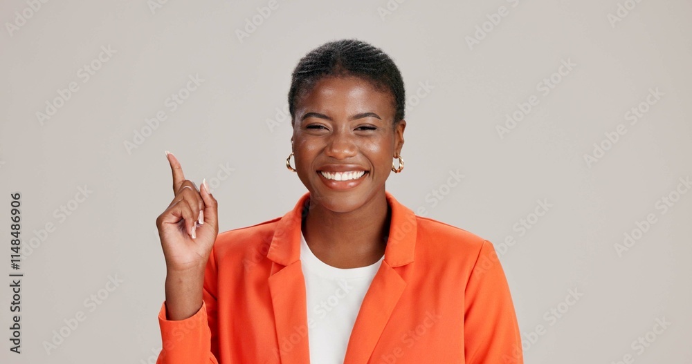 Black woman, portrait and pointing in studio for opportunity, job announcement and business offer at mockup space. Presentation, happy and entrepreneur on white background for option, showing or vote Black woman, portrait and pointing in studio for opportunity, job announcement and business offer at mockup space. Presentation, happy and entrepreneur on white background for option, showing or vote