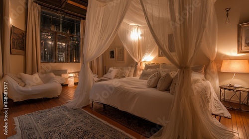 Romantic bedroom with four-poster bed  draped fabric  and warm lighting.
