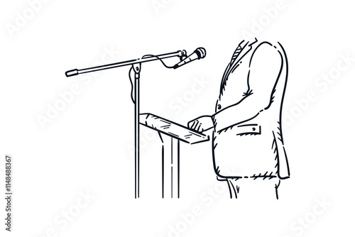 Politicians or businessmen giving speechs in front of the public, hand drawn line sketch vector illustration