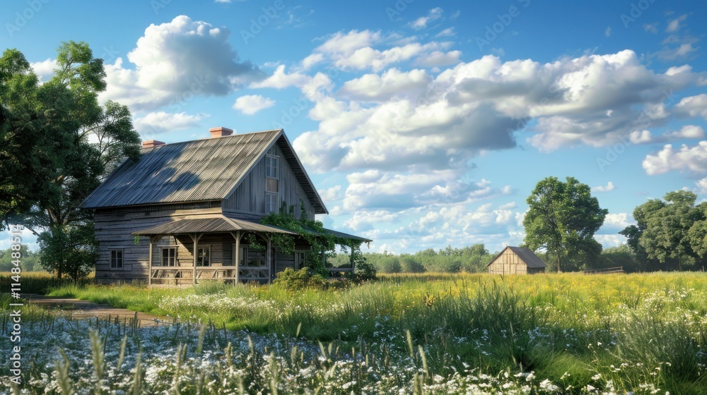 A rustic farmhouse with weathered wood siding, lush fields, and a traditional barn nearby, A rustic farmhouse with weathered wood siding, lush fields, and a traditional barn nearby,