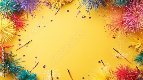 Fireworks in vibrant shades radiating from blank squares, creating a celebratory New Year's layout on a bright yellow background. photo