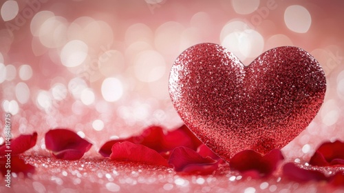 Glittering Red Heart Surrounded by Rose Petals on Shiny Background