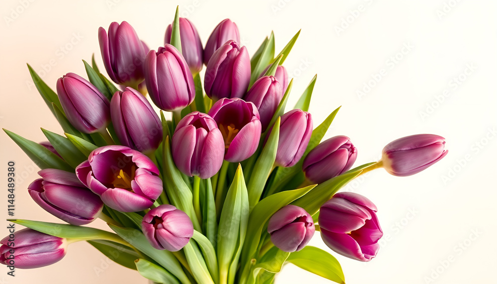 Luxurious bouquet of deep purple tulips with lush green leaves on a soft beige background, floral background, copy space, Women's Day, Mother's Day, Wedding, Valentine's Day, birthday, anniversary Luxurious bouquet of deep purple tulips with lush green leaves on a soft beige background, floral background, copy space, Women's Day, Mother's Day, Wedding, Valentine's Day, birthday, anniversary