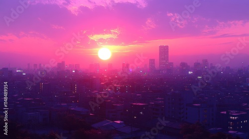 Pink sunset over hazy city skyline.