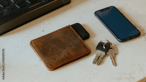 Brown Leather Wallet Keys Phone on Table photo
