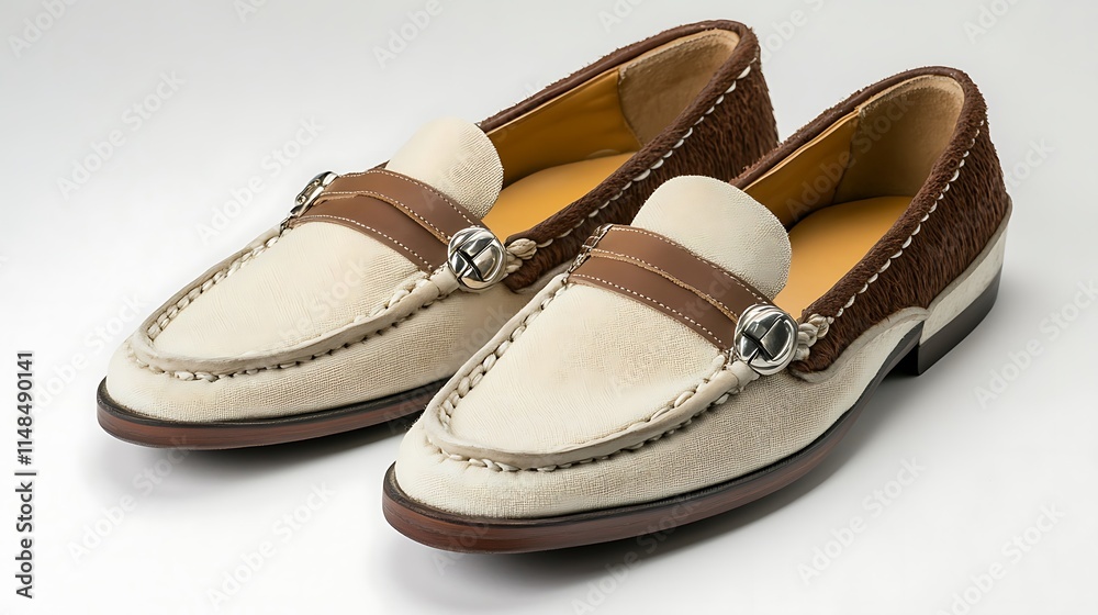 Two light beige and brown leather loafers with buckles.
Two light beige and brown leather loafers with buckles.